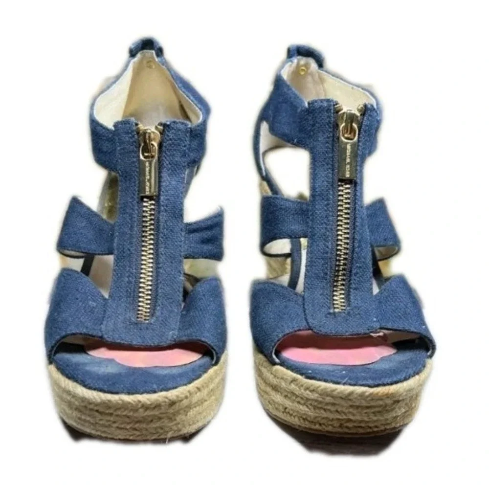 Michael Kors Navy Canvas Espadrille‎ Wedge Sandals Gold Zip Front 6.5M AG12K